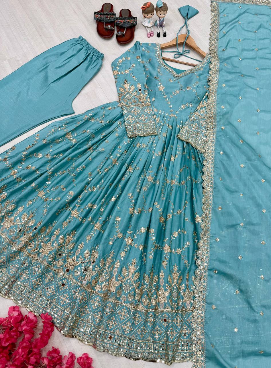 Havy Chinon Silk With Embroidery Sequins Work Gown