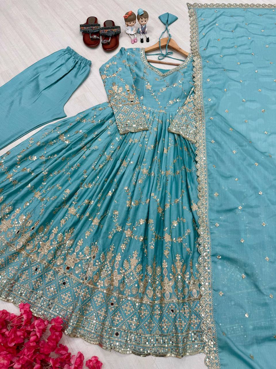 Havy Chinon Silk With Embroidery Sequins Work Gown