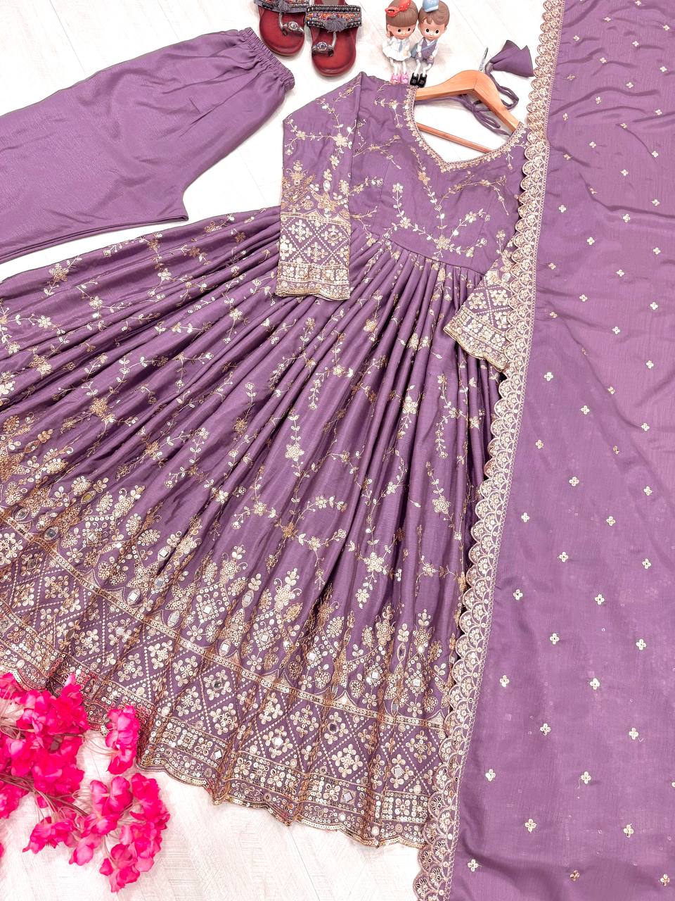 Havy Chinon Silk With Embroidery Sequins Work Gown