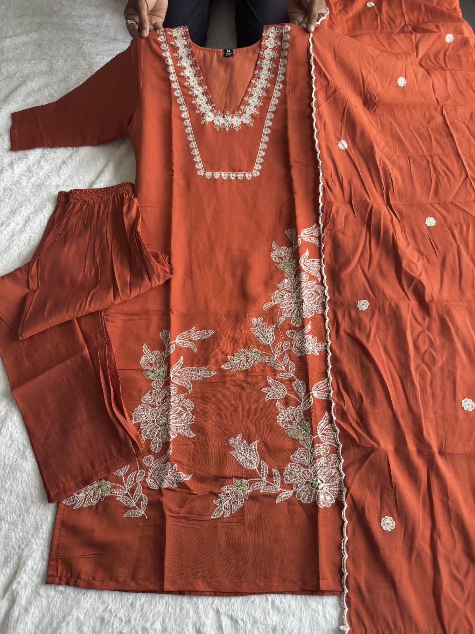orange Color Premium Roman Silk With Embroidery Work Kurti