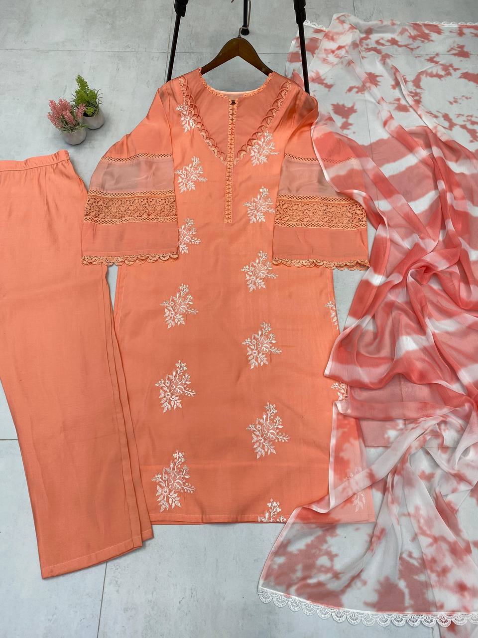 Pink Color  Roman Silk Embroidery Work Top Pent