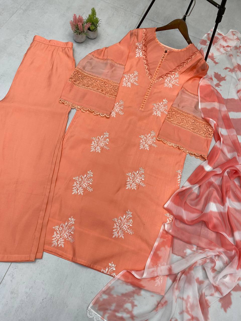 Pink Color  Roman Silk Embroidery Work Top Pent