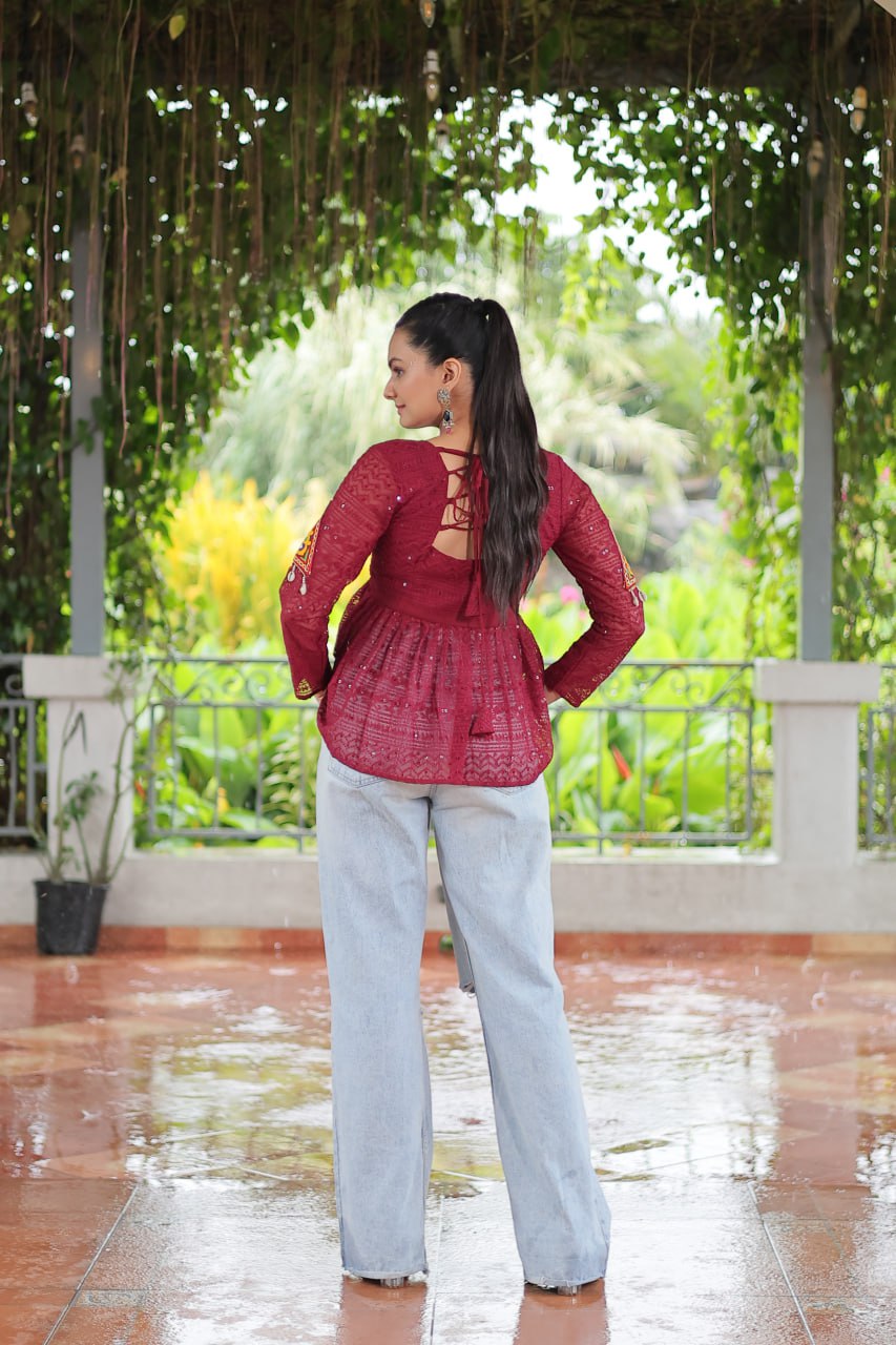 Navratri Specal Georgette Schffi Kutchi Patch Work Top