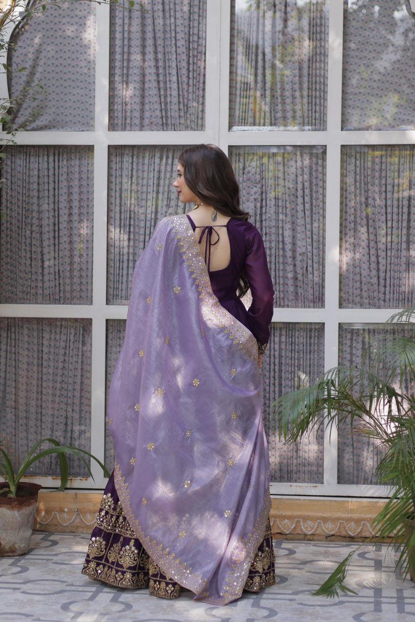Purple Color Star Georgette Embroidery Zari Work Gown