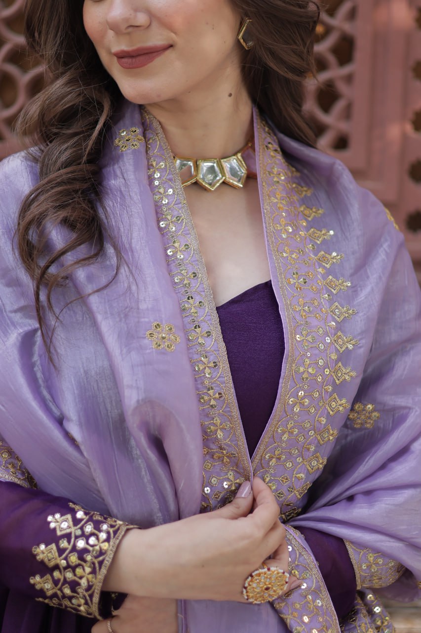 Purple Color Star Georgette Embroidery Zari Work Gown