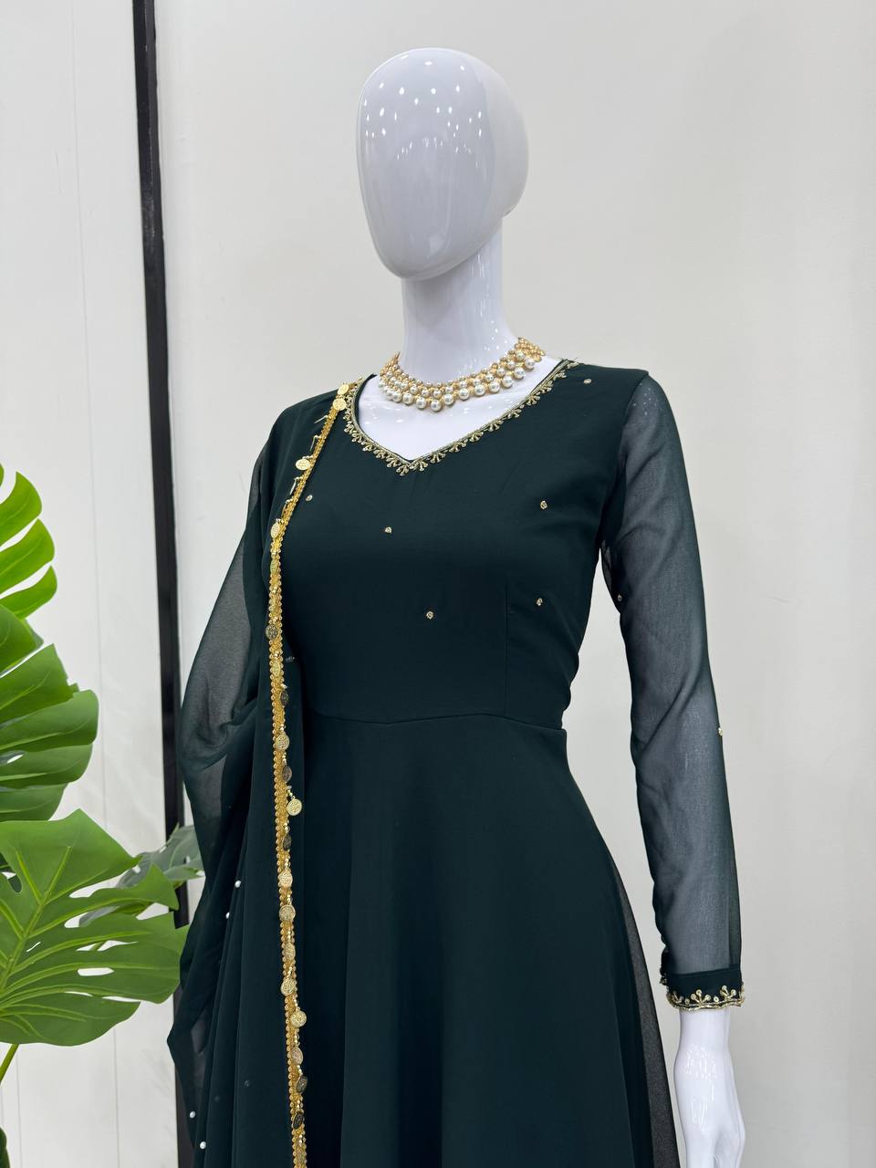 Faux Georgette Handwork  With lace border Solid Flared Gown