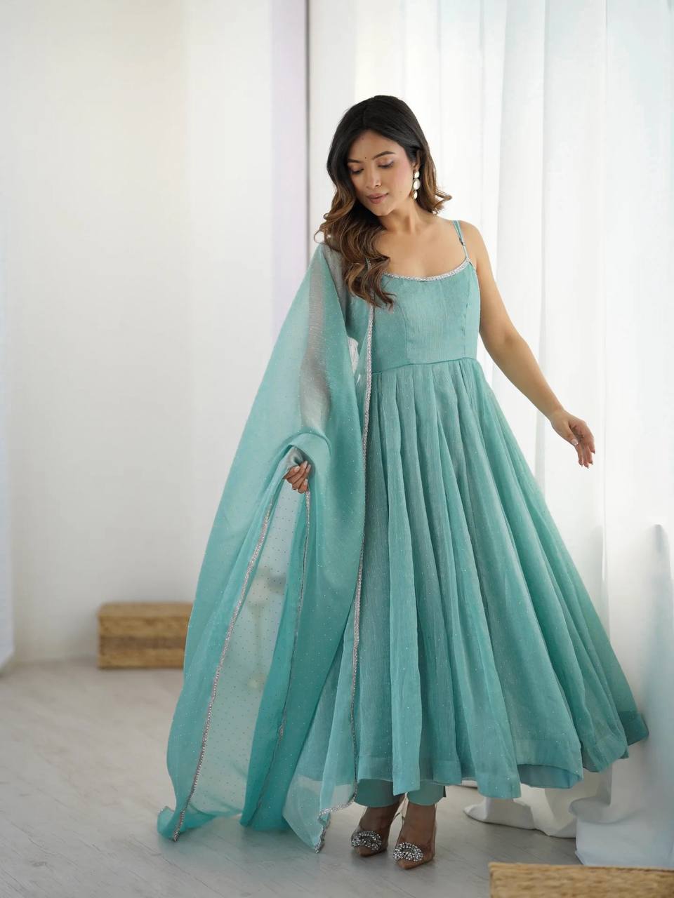 Sky Blue Color Crunchy Silk Siroski Work Anarkali