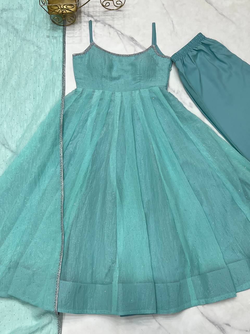 Sky Blue Color Crunchy Silk Siroski Work Anarkali