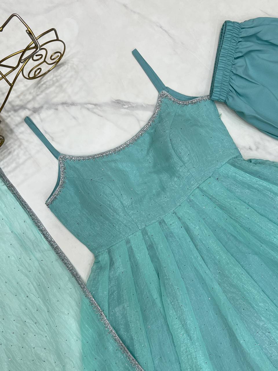 Sky Blue Color Crunchy Silk Siroski Work Anarkali