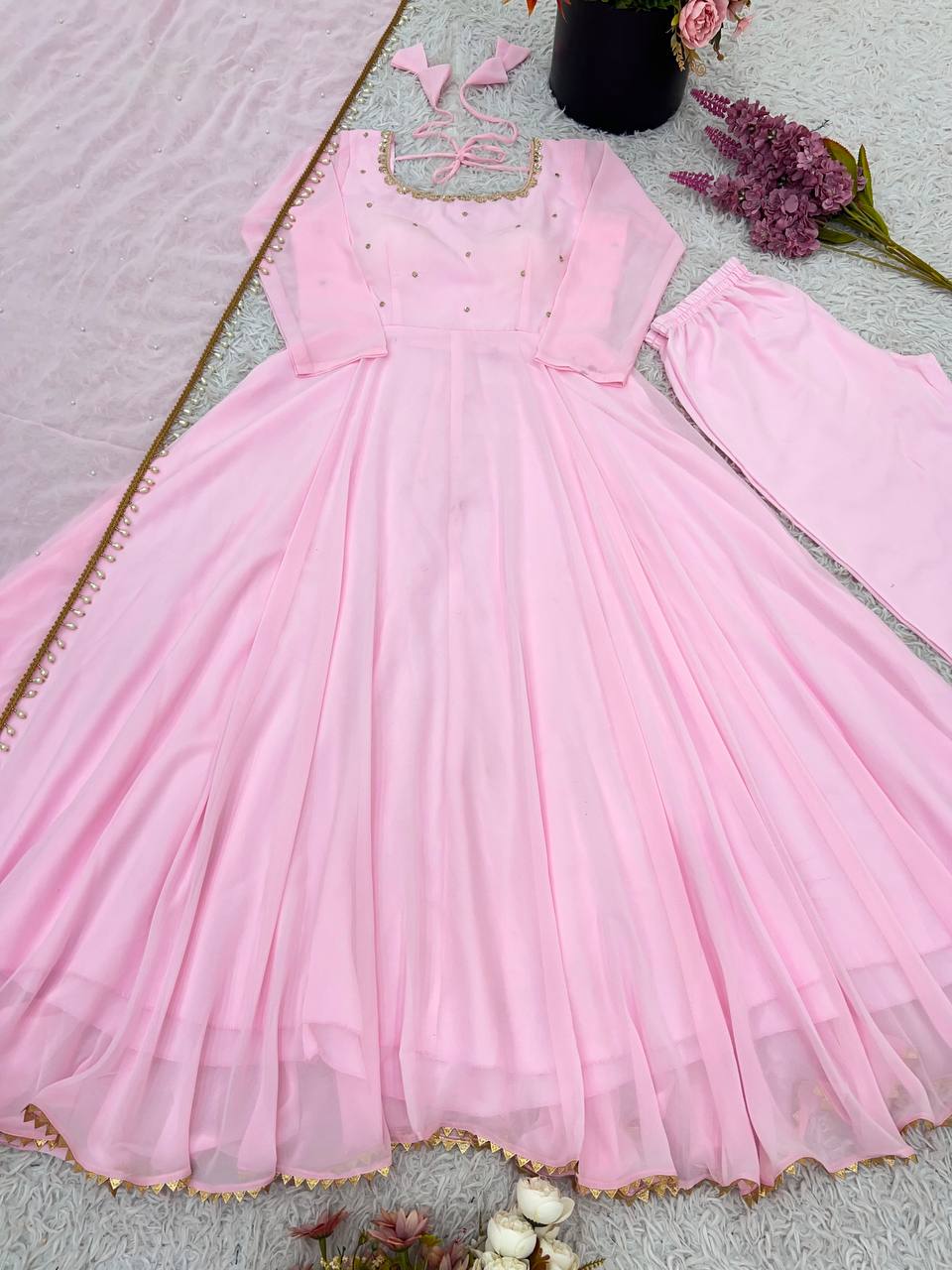Pink Color Faux Georgette Embroidery Work Top Pent