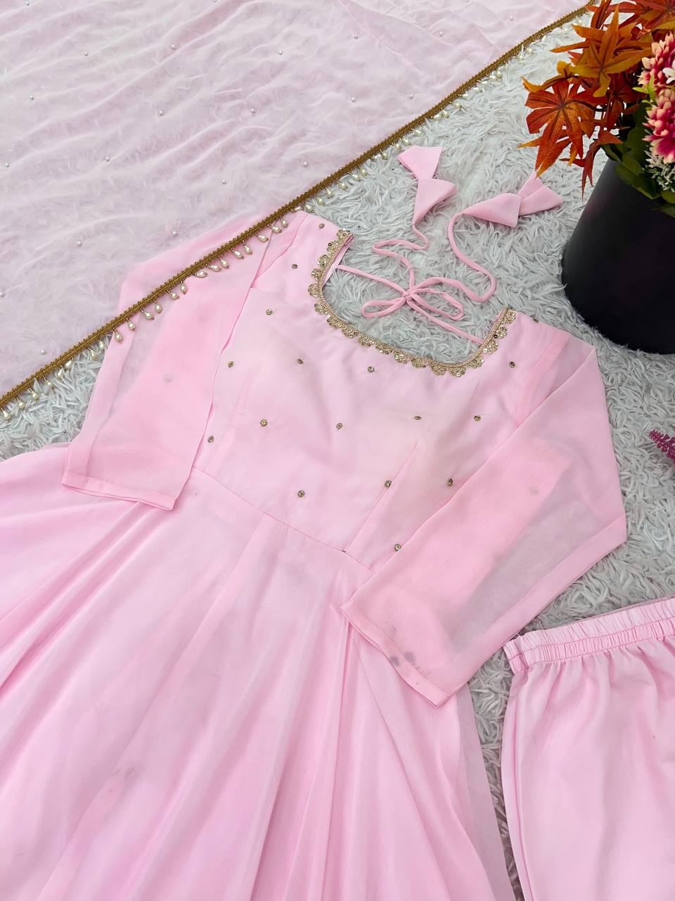 Pink Color Faux Georgette Embroidery Work Top Pent