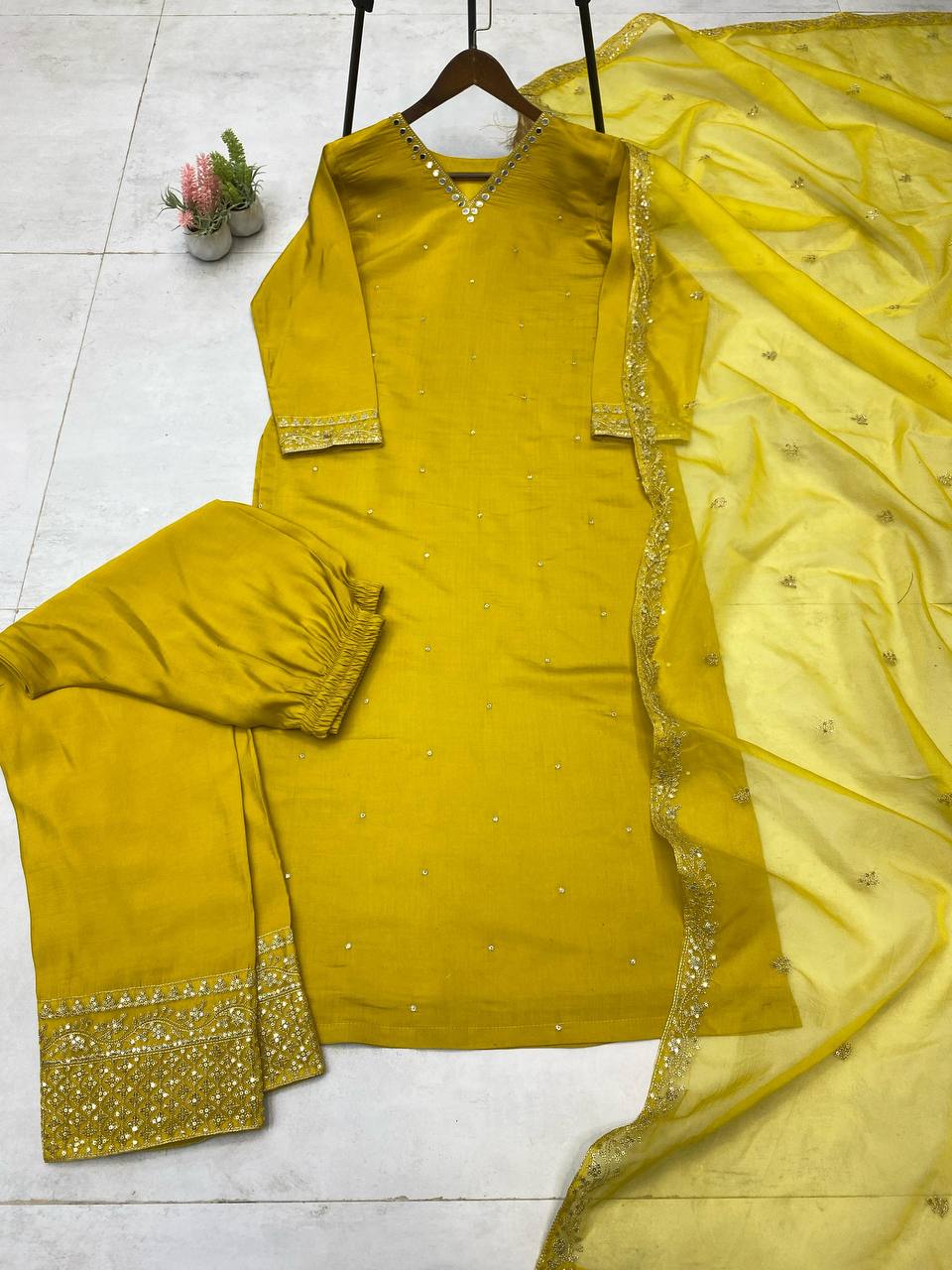 Roman Silk With Sequence Embeoidery Work Top Pent