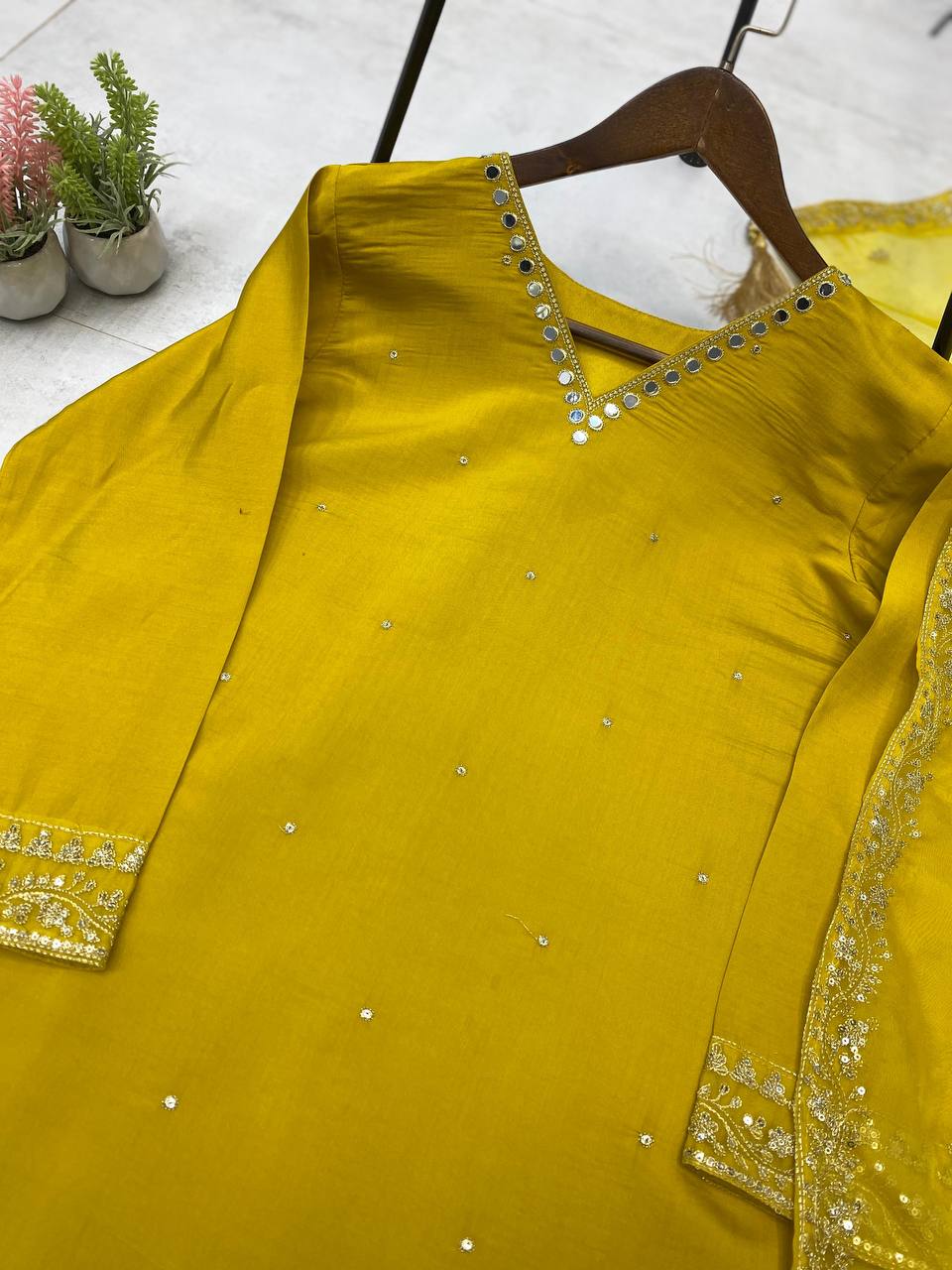 Roman Silk With Sequence Embeoidery Work Top Pent