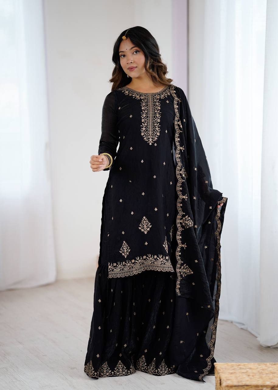 Black Color Heavy Pure Soft Embroidery Work Kediya Kurti