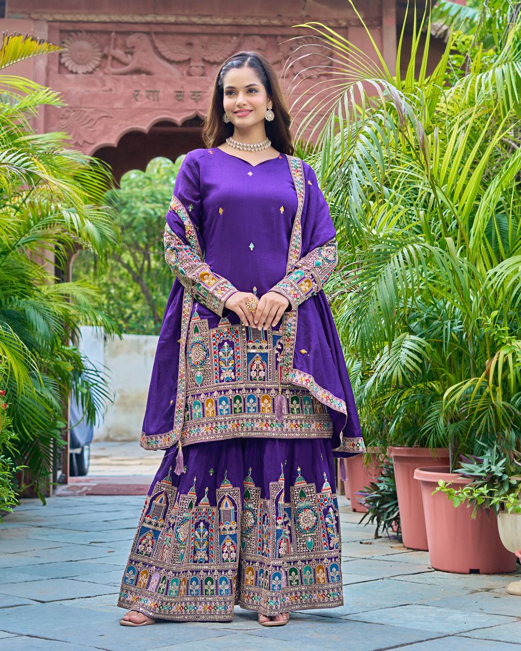 Pure Chinon Silk Heavy Embroidery Work Top Plazzo