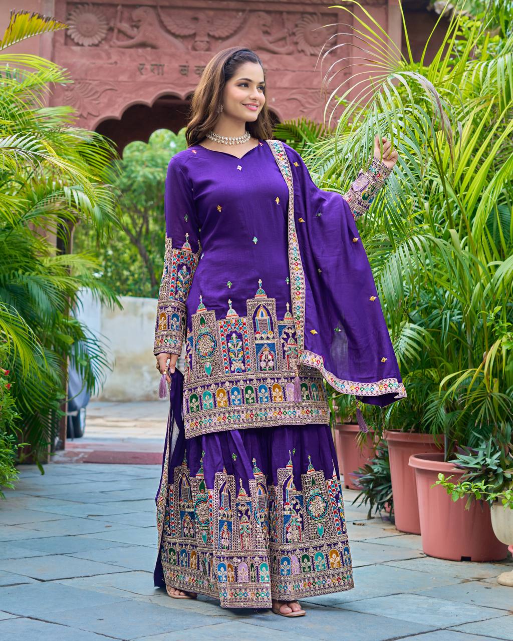 Pure Chinon Silk Heavy Embroidery Work Top Plazzo