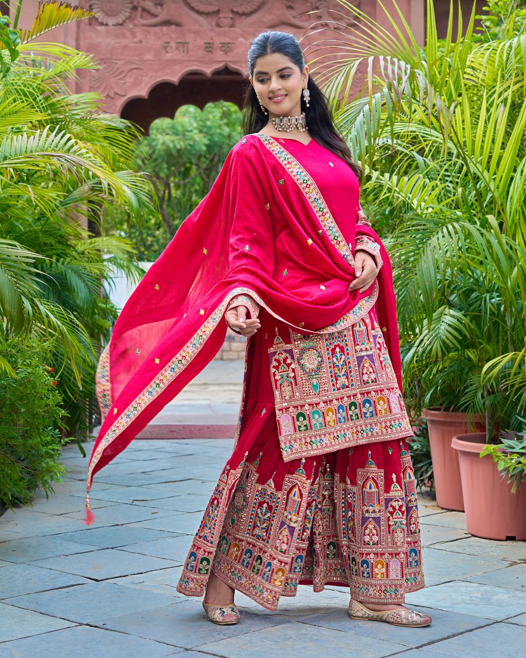 Pure Chinon Silk Heavy Embroidery Work Top Plazzo