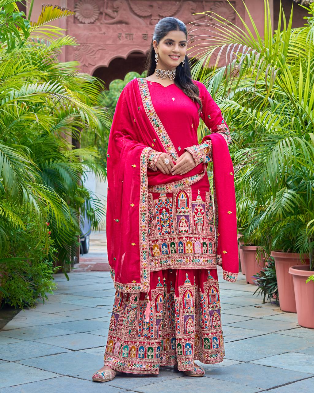 Pure Chinon Silk Heavy Embroidery Work Top Plazzo