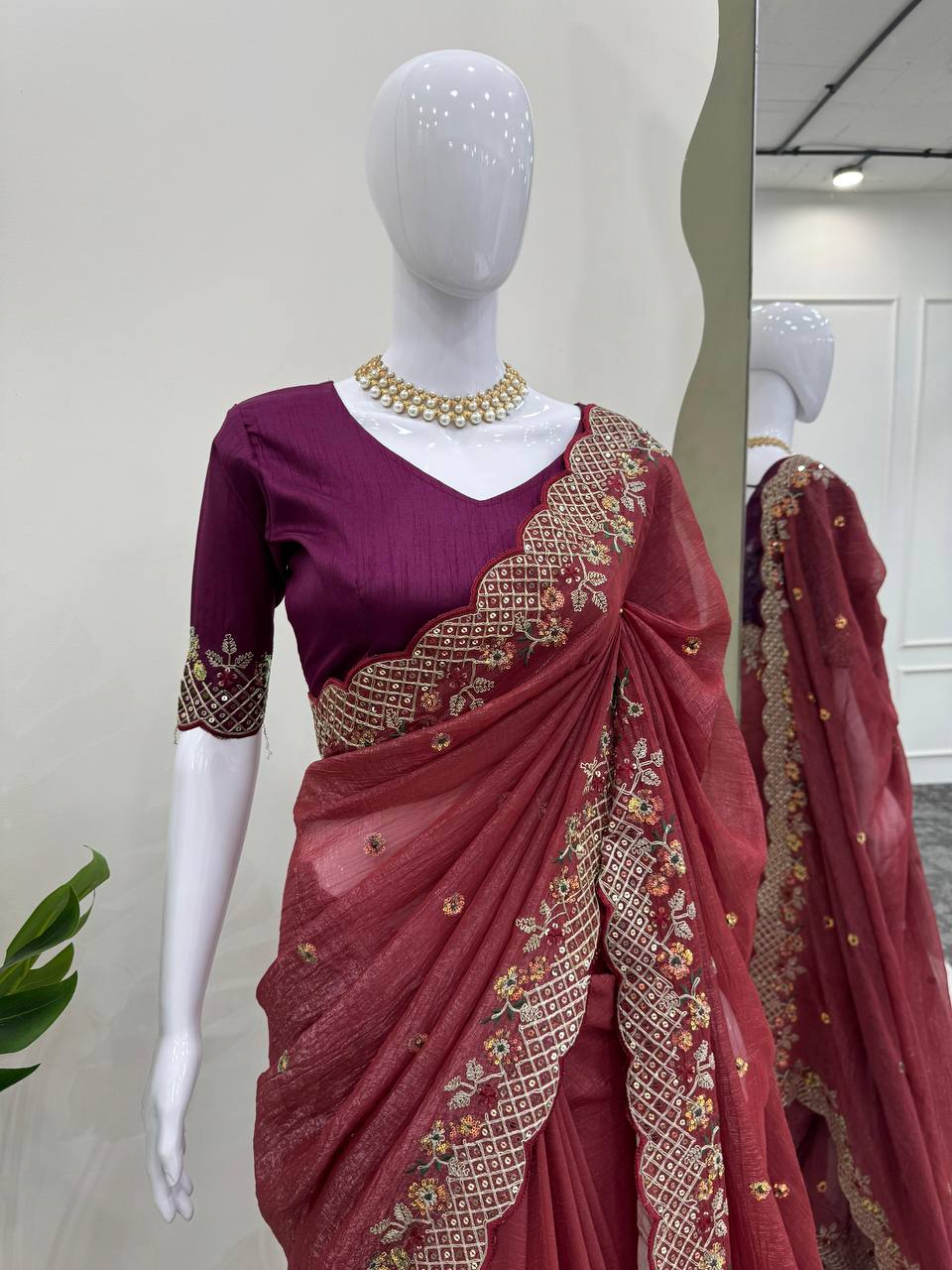 DESIGNER CRUNCHY SILK SAREE WITH SEQUENCE AND THREAD WORK