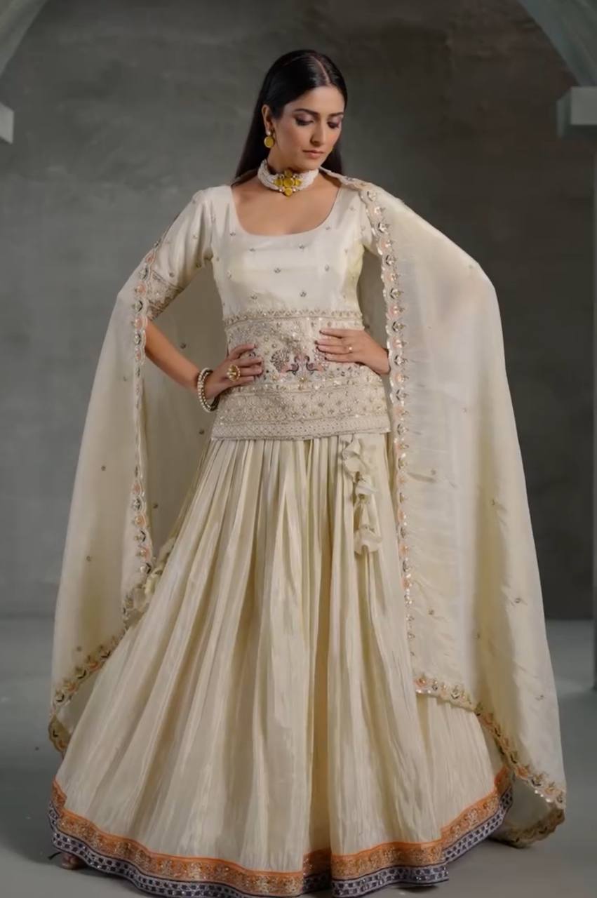 White Color Chinon Fabric Embroidery Work Top Lehenga