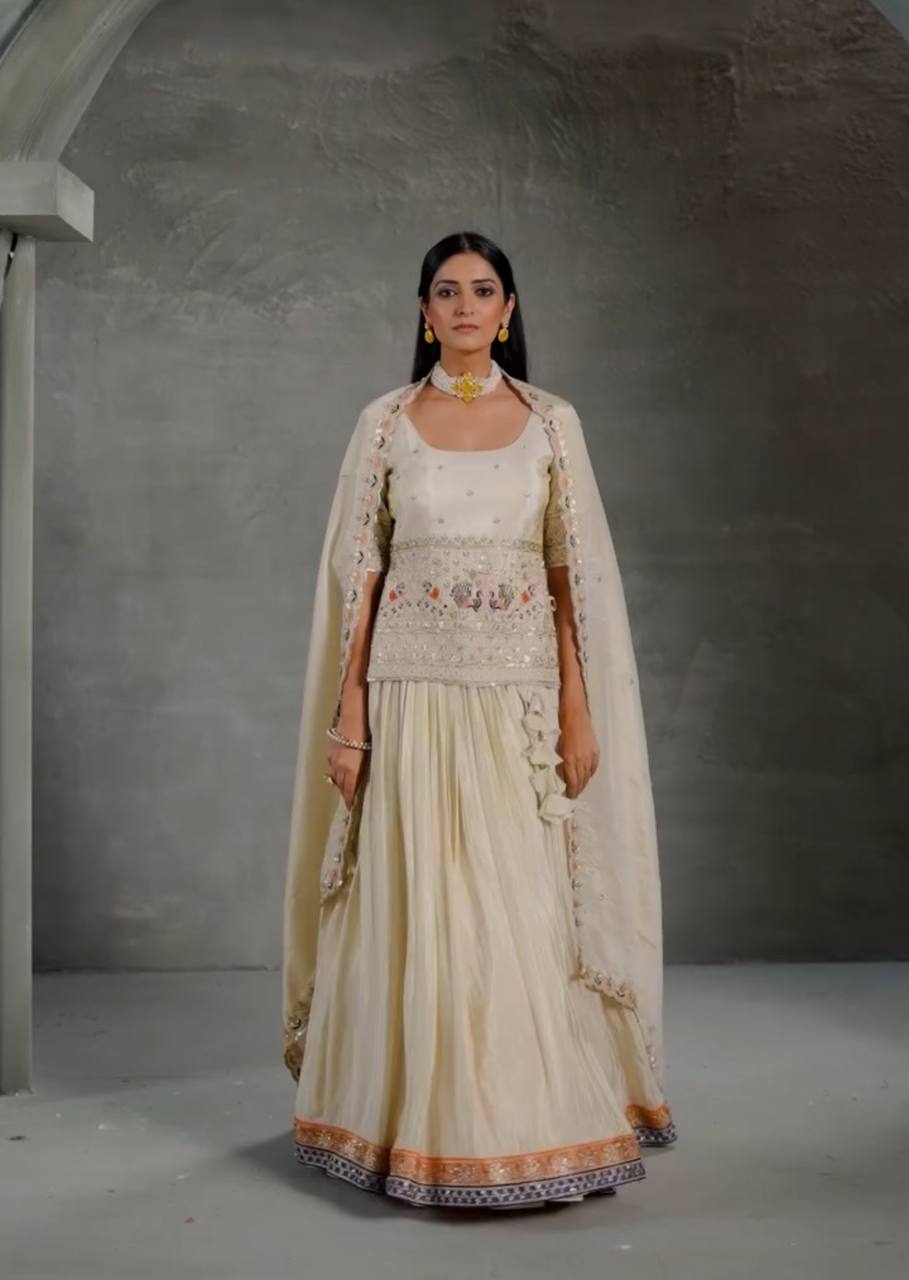 White Color Chinon Fabric Embroidery Work Top Lehenga