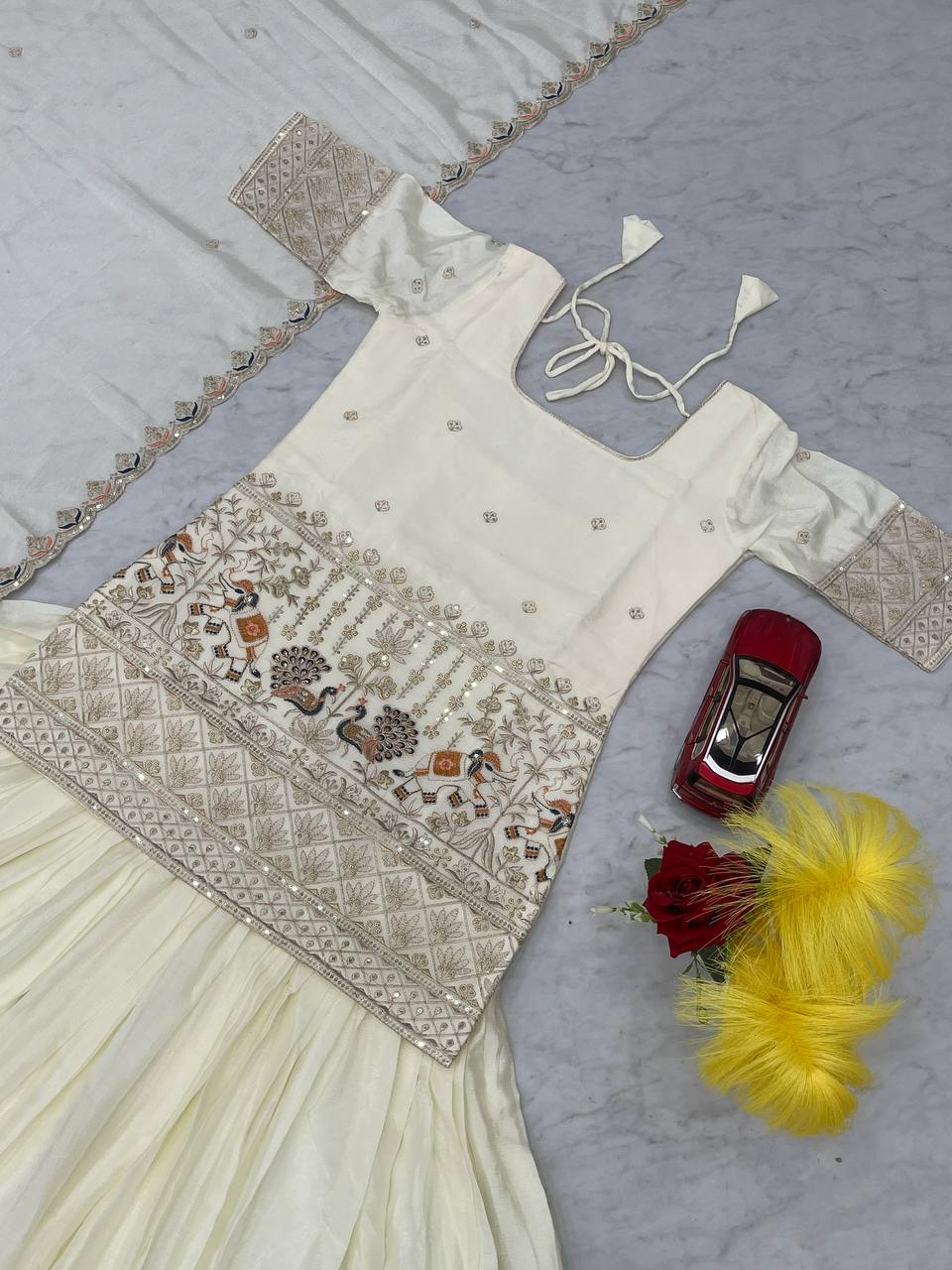 White Color Chinon Fabric Embroidery Work Top Lehenga