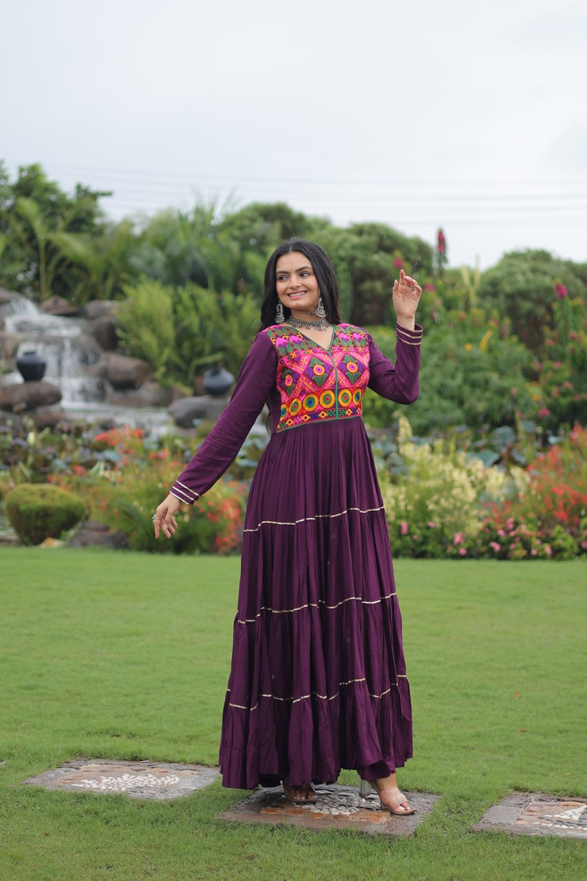 Reyon Fabric Kutchi Gamthi Embroidery Work Gown