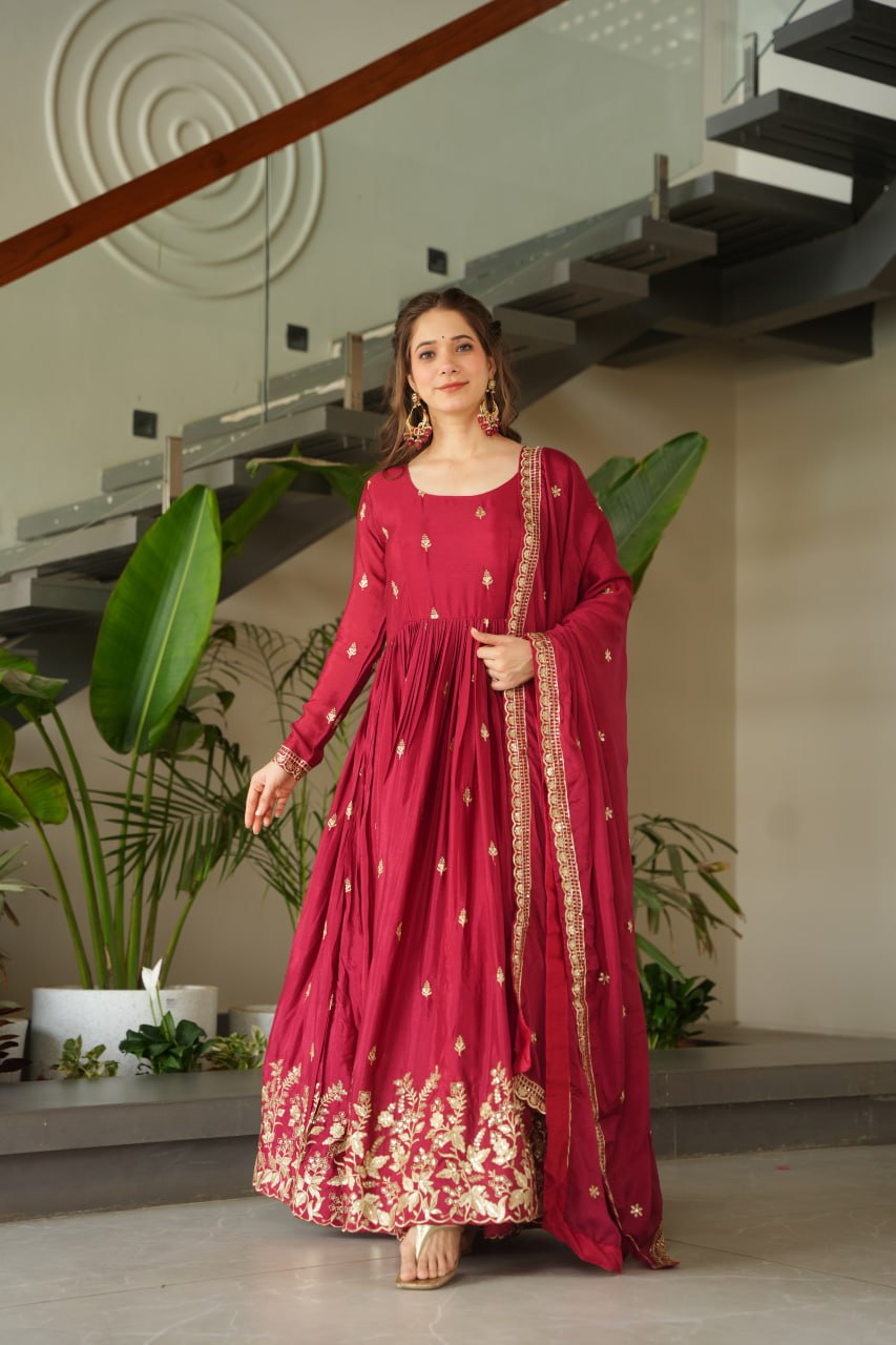 Chinon Embroidery Zari Sequence Work Gown