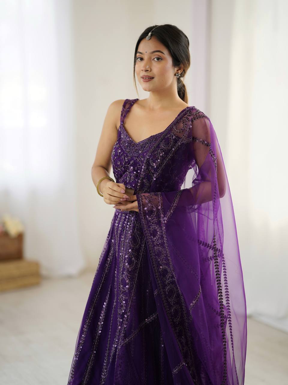 Purple Color Net Fabric Sequence& Dori Work Lehenga
