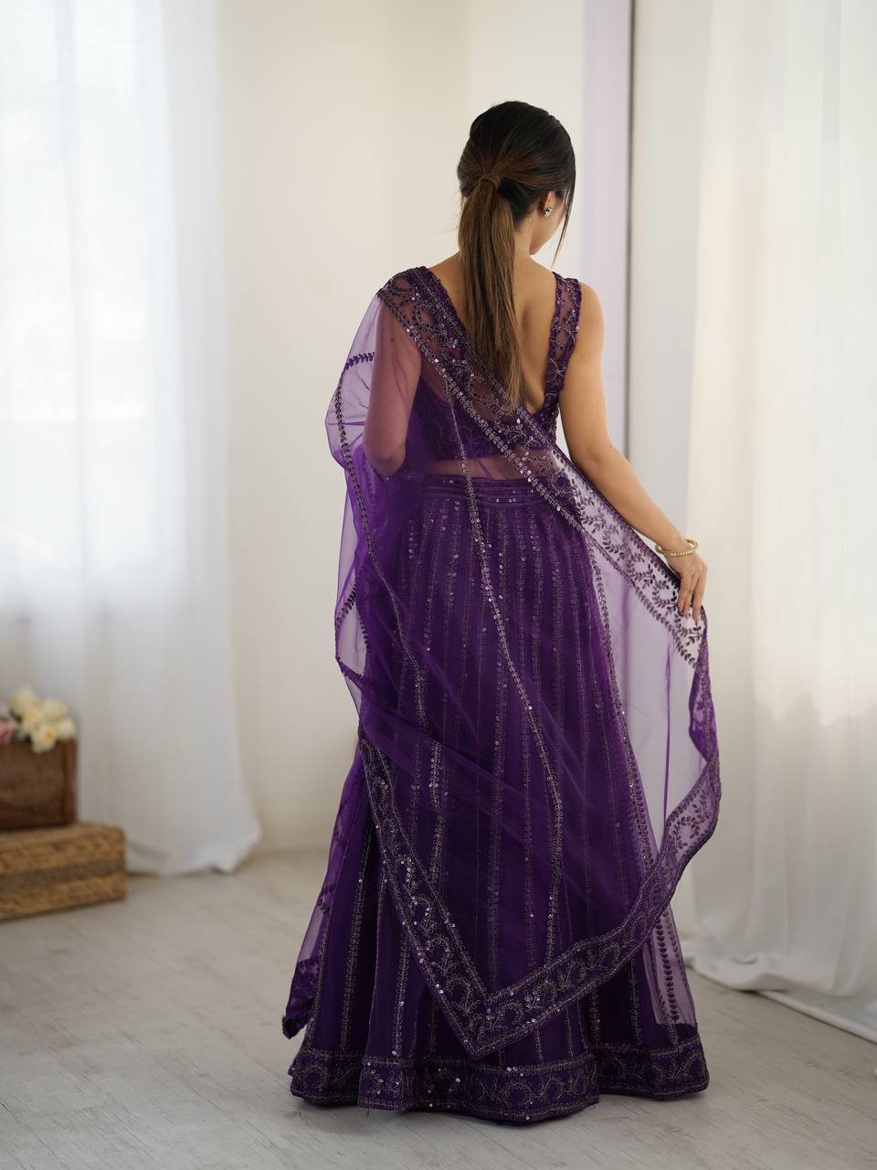 Purple Color Net Fabric Sequence& Dori Work Lehenga