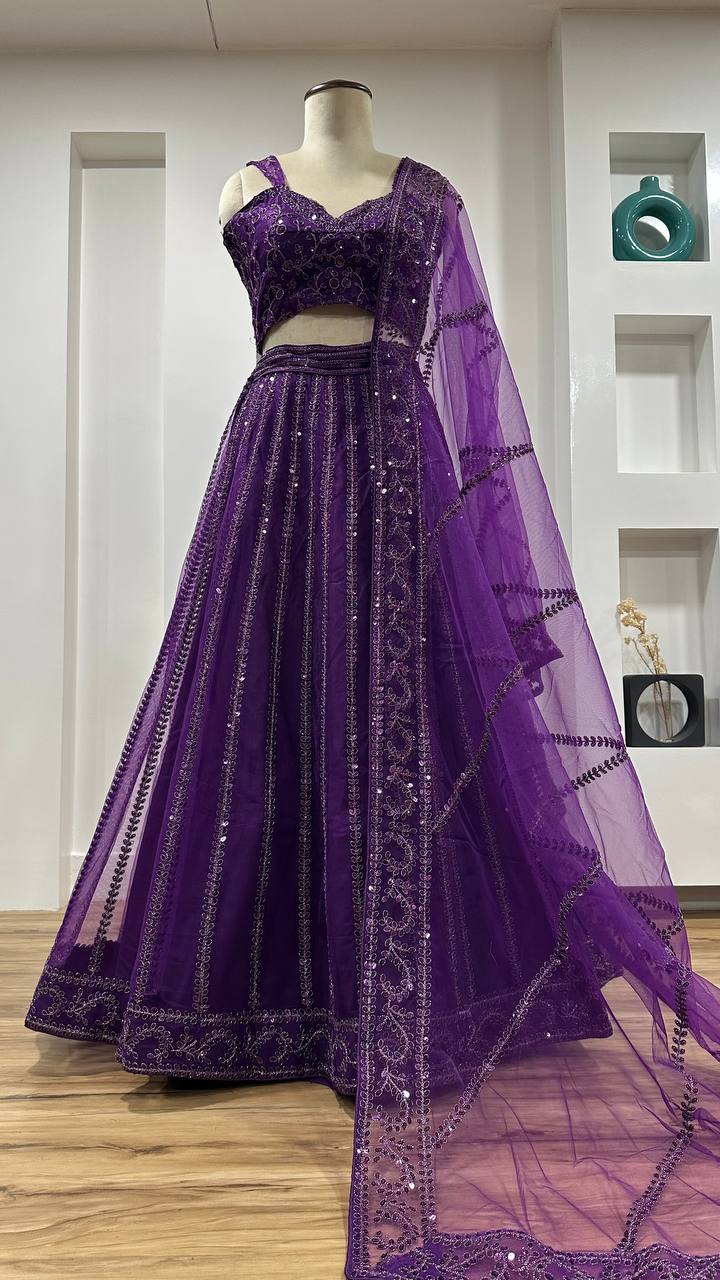 Purple Color Net Fabric Sequence& Dori Work Lehenga