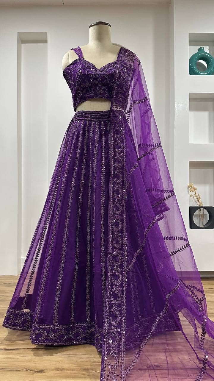 Purple Color Net Fabric Sequence& Dori Work Lehenga