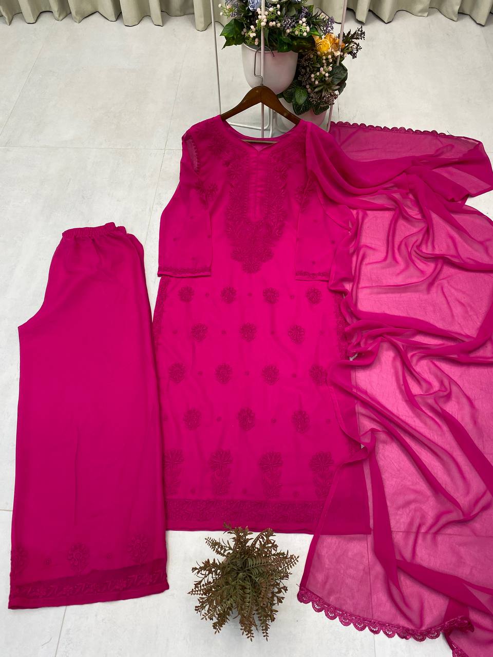 Faux Gergette Embroidery Work Top Plazzo