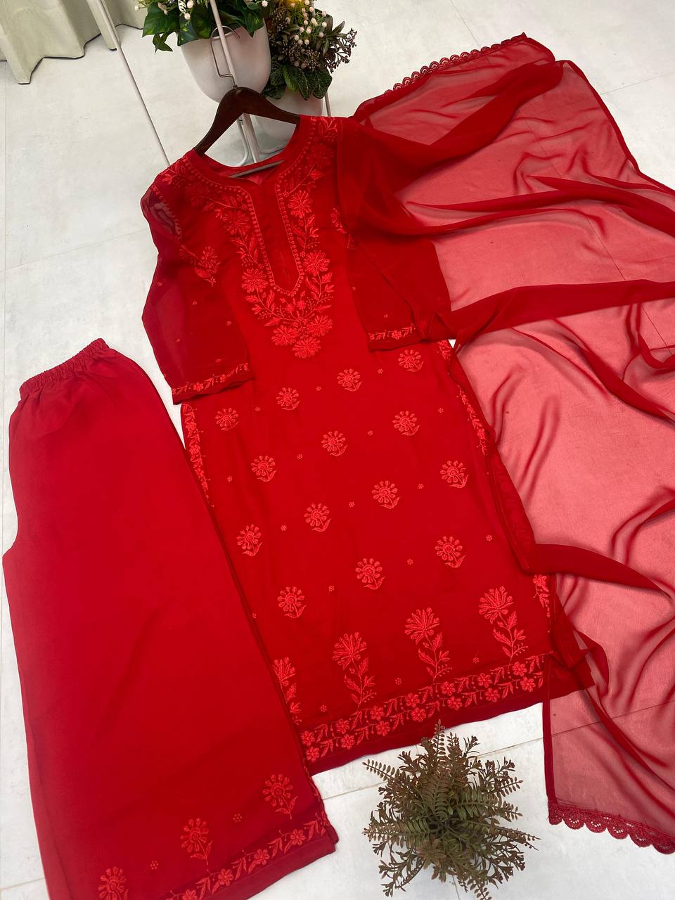 Faux Gergette Embroidery Work Top Plazzo