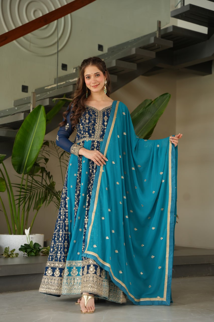 Faux Bloomng Zari & Sequins Embroidery Work Gown