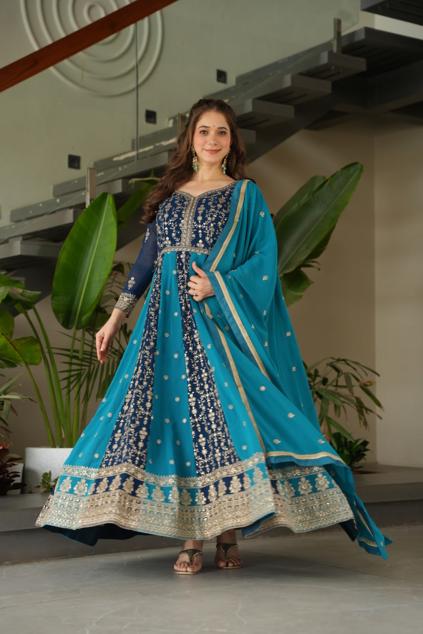 Faux Bloomng Zari & Sequins Embroidery Work Gown