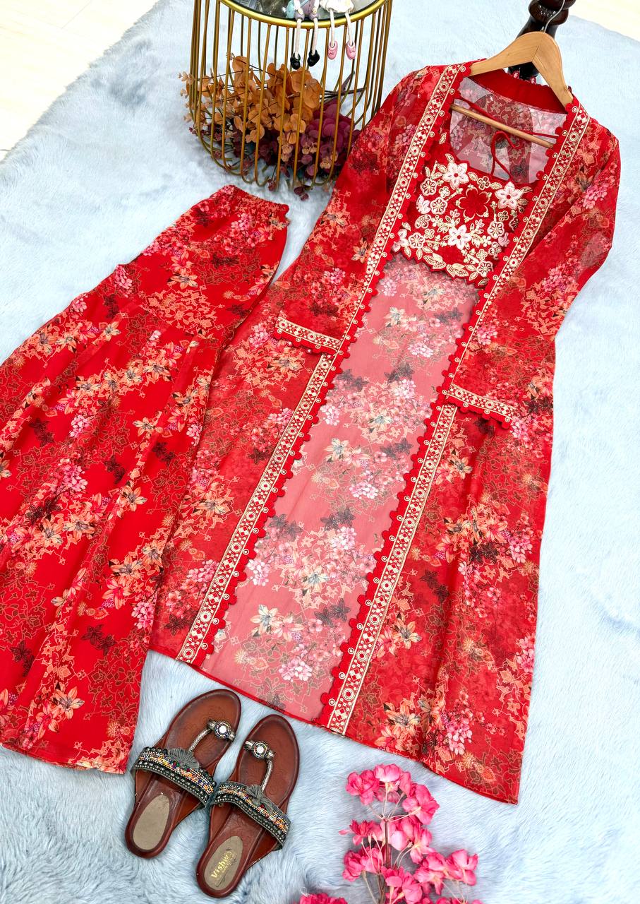 Red Color Satin Silk With Embroidery Work Koti Plazzo